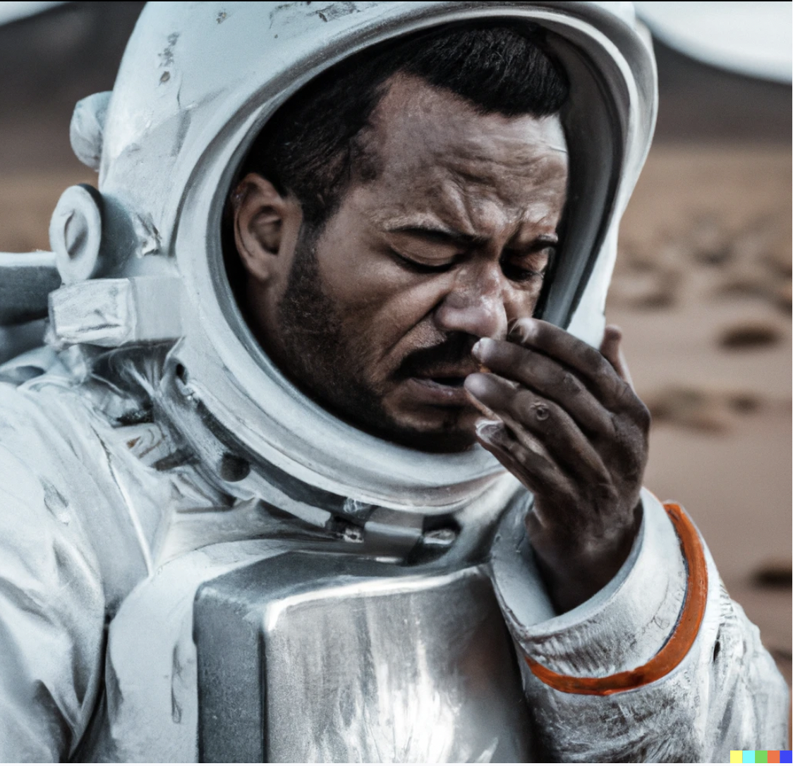 An astronaut crying while stranded on a desolate planet - DALL·E 2
