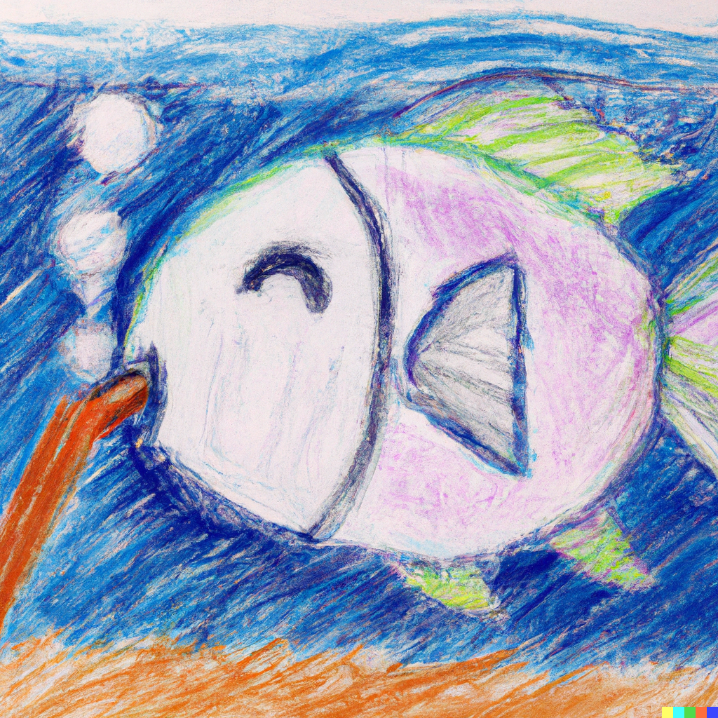 An oil pastel of a fish drinking soda through a straw while underwater - DALL·E 2