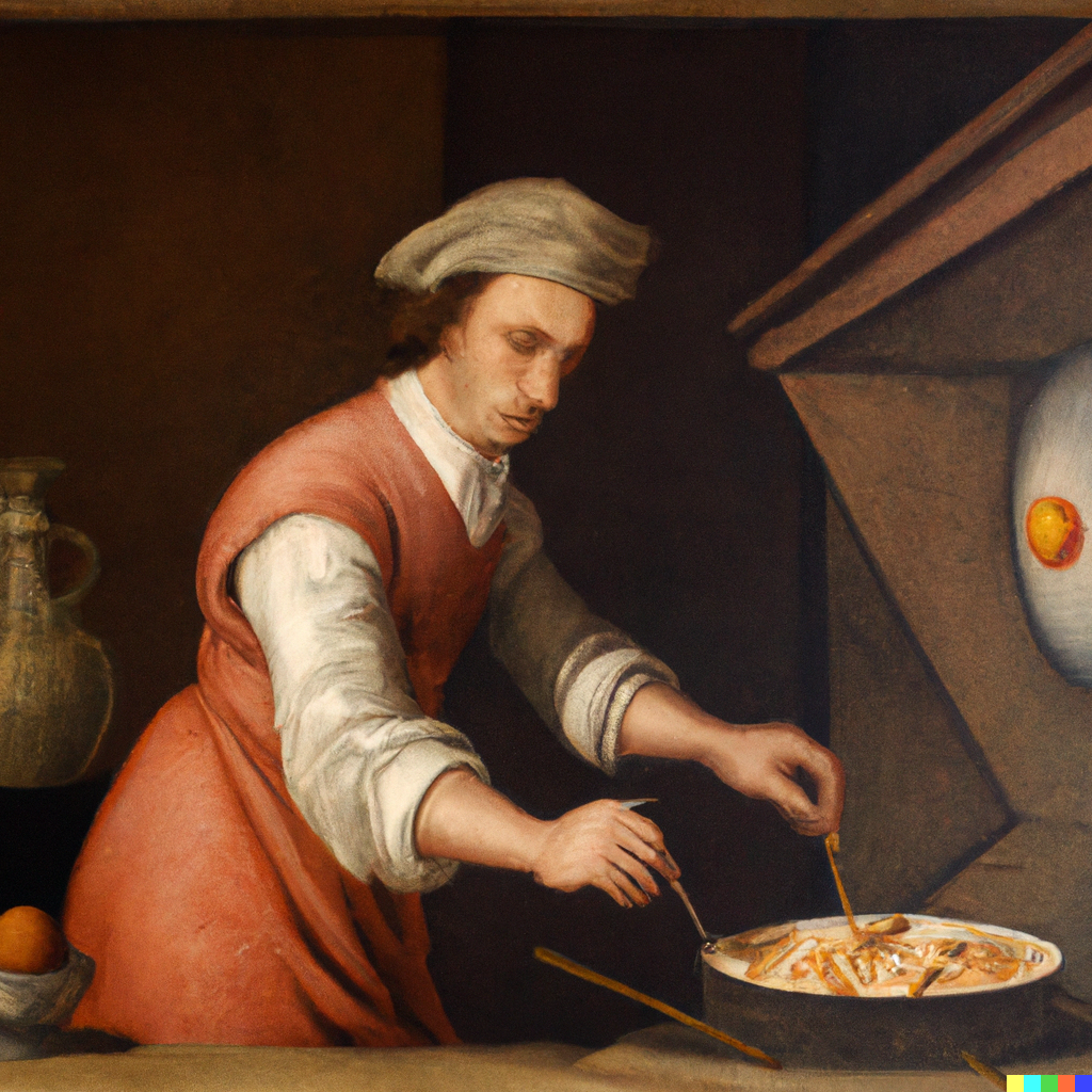 A renaissance painting of a man cooking an omelette - DALL·E 2