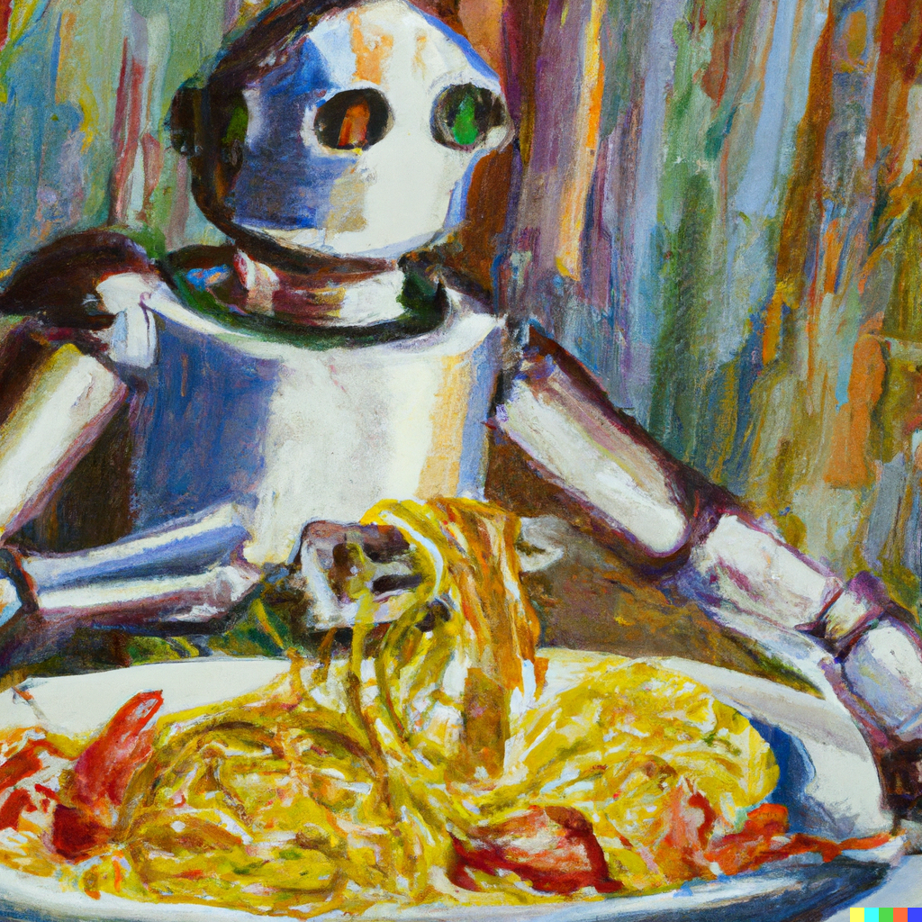 A painting in the style of Claude Monet of a robot eating spaghetti  - DALL·E 2