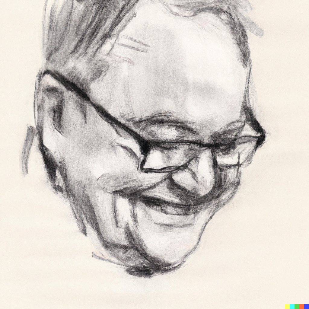 A pencil sketch of an elderly man with glasses looking down whilst grinning- DALL·E 2