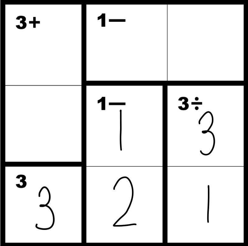 Easy 3x3 with the freebie, the 3 division cage and the 1 subtraction cage filled in