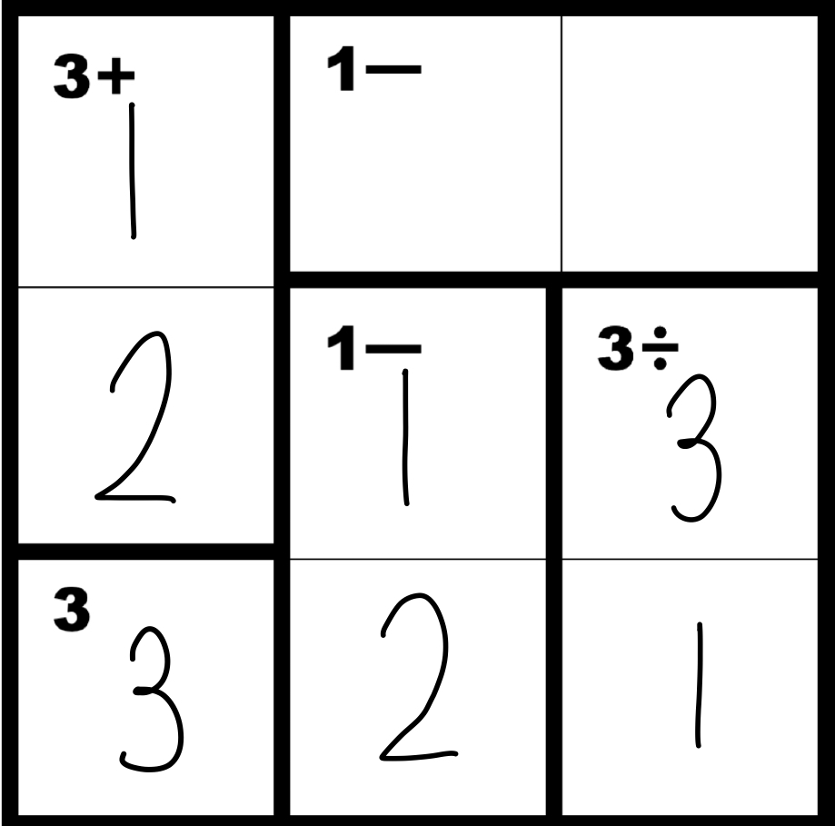 Easy 3x3 with the freebie, the 3 division cage, the 1 subtraction cage and the 3 plus cage filled in